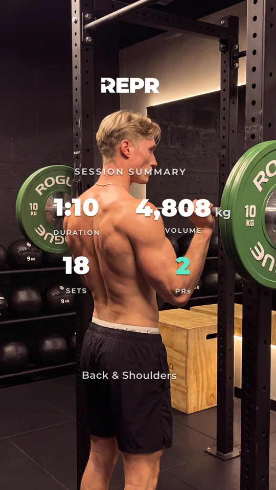 A lifter's REPR session summary shared over a gym photo: 1:10 duration, 4,808 kg volume, 18 sets, 2 PRs, Back and Shoulders
