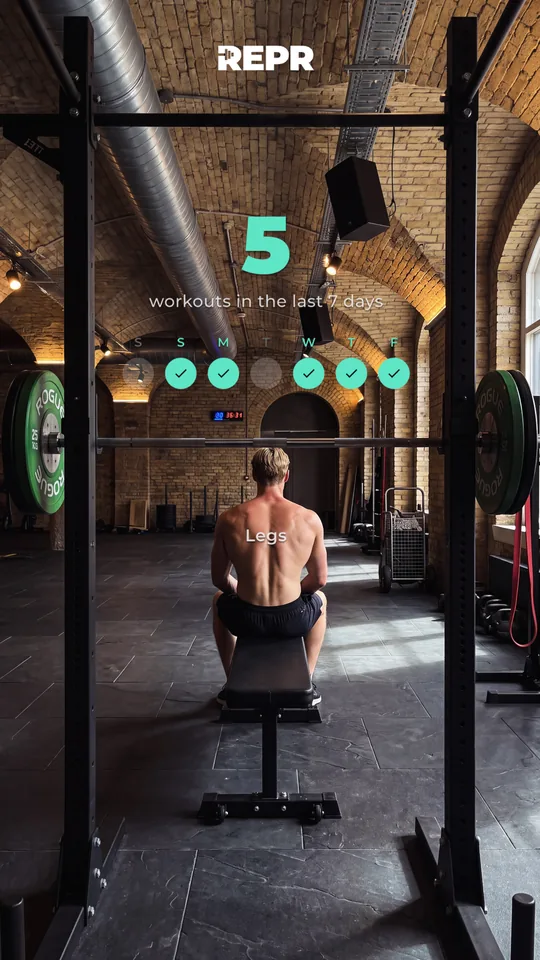 A REPR weekly summary over a photo of a lifter on a bench in a brick-arched gym: 5 workouts in the last 7 days, Legs