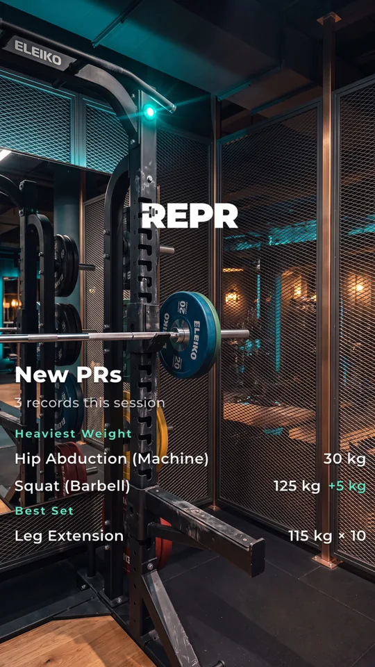 A REPR new PRs card over a photo of a squat rack: 3 records this session, including Squat 125 kg, up 5 kg
