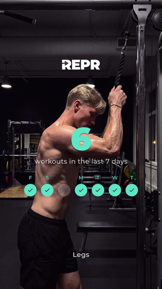 A REPR weekly summary over a photo of a lifter on a cable machine: 6 workouts in the last 7 days, Legs